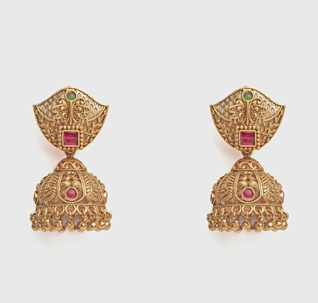 Gold Plated Leaf Pink Stone Jhumka Earrings Vivinia by Vidhi Mehra - Fabilicious Fashion