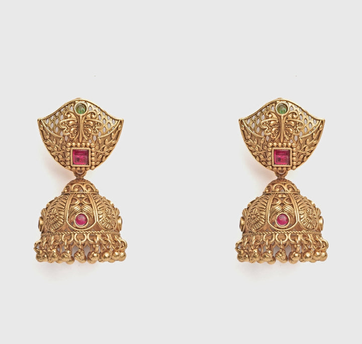 Gold Plated Leaf Pink Stone Jhumka Earrings Vivinia by Vidhi Mehra - Fabilicious Fashion