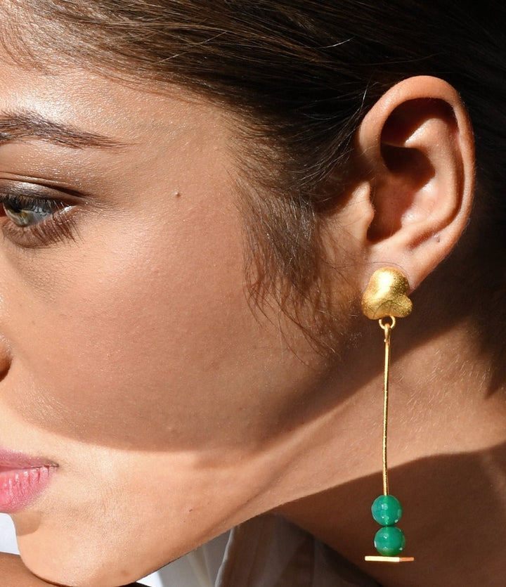 Gold Plated Long Dangling Green Stone Earrings Zaza By Somya - Fabilicious Fashion