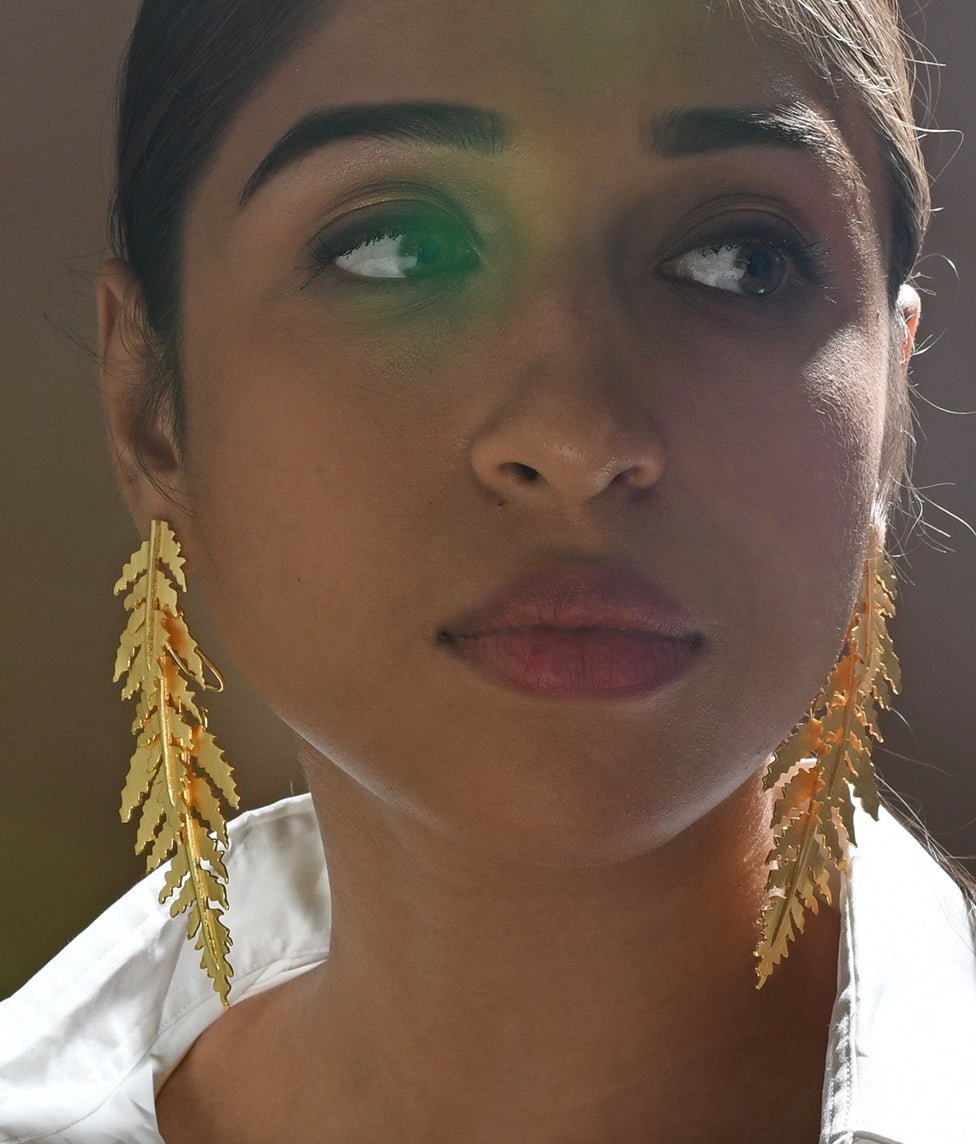 Gold Plated Long Dangling Leafy Earrings Zaza By Somya - Fabilicious Fashion