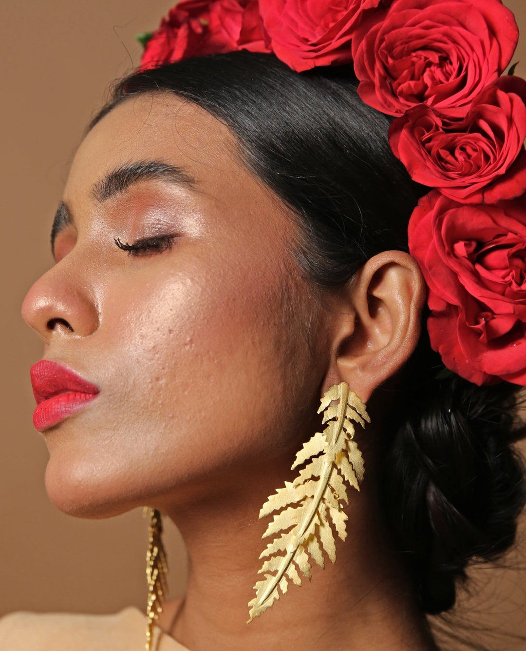 Gold Plated Long Dangling Leafy Earrings Zaza By Somya - Fabilicious Fashion