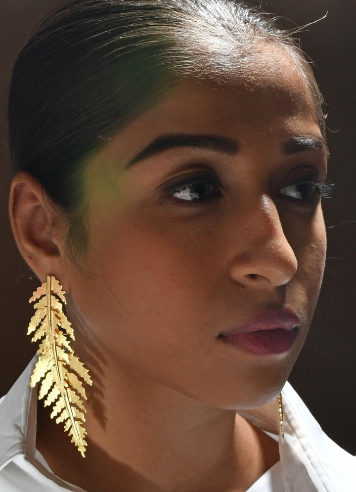 Gold Plated Long Dangling Leafy Earrings Zaza By Somya - Fabilicious Fashion