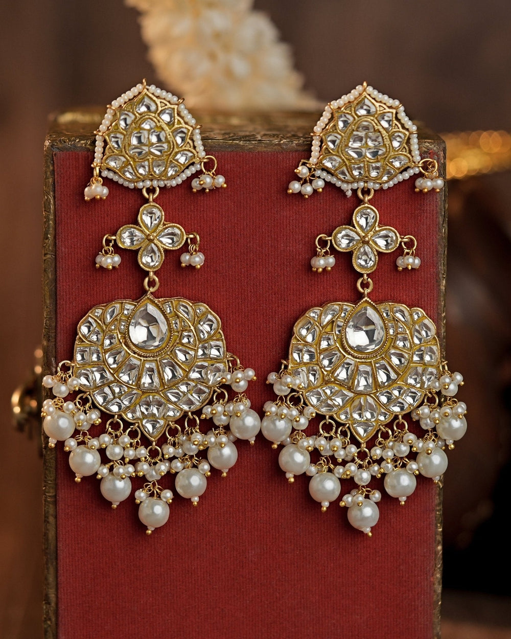 Gold Plated Long Earrings With Pearl Hangings Kalyani Indian Jewelry - Fabilicious Fashion