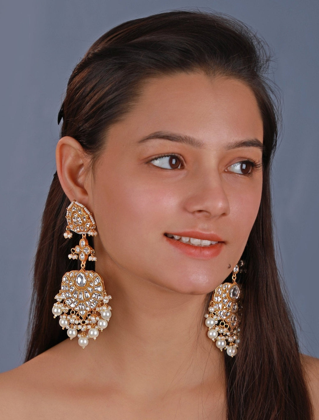 Gold Plated Long Earrings With Pearl Hangings Kalyani Indian Jewelry - Fabilicious Fashion
