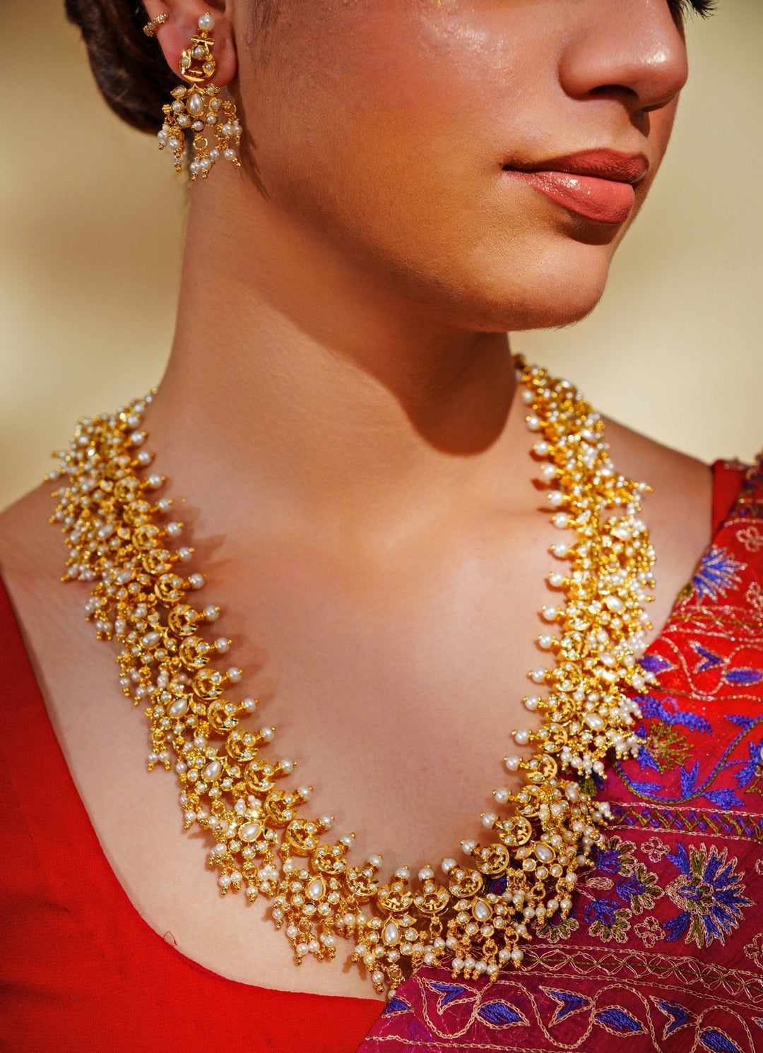 Gold Plated Long Kundan Necklace Set With Pearl Hangings Zevar by Geeta - Fabilicious Fashion