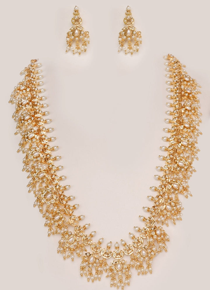 Gold Plated Long Kundan Necklace Set With Pearl Hangings Zevar by Geeta - Fabilicious Fashion