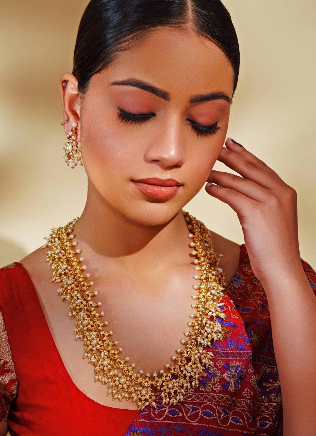 Gold Plated Long Kundan Necklace Set With Pearl Hangings Zevar by Geeta - Fabilicious Fashion