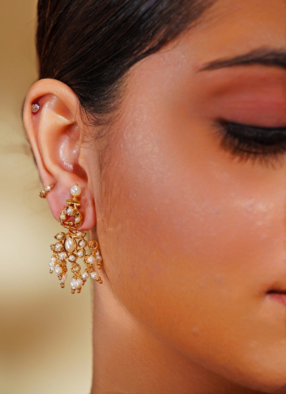 Gold Plated Long Kundan Necklace Set With Pearl Hangings Zevar by Geeta - Fabilicious Fashion
