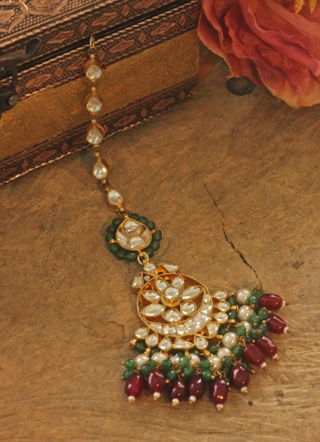 Gold Plated Maang Tikka With Green And Red Beads Hangings Kalyani Indian Jewelry - Fabilicious Fashion