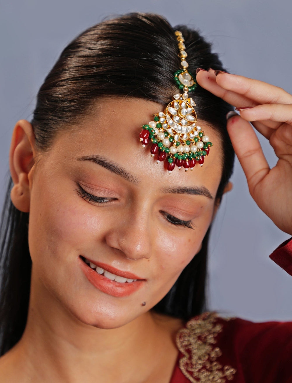 Gold Plated Maang Tikka With Green And Red Beads Hangings Kalyani Indian Jewelry - Fabilicious Fashion