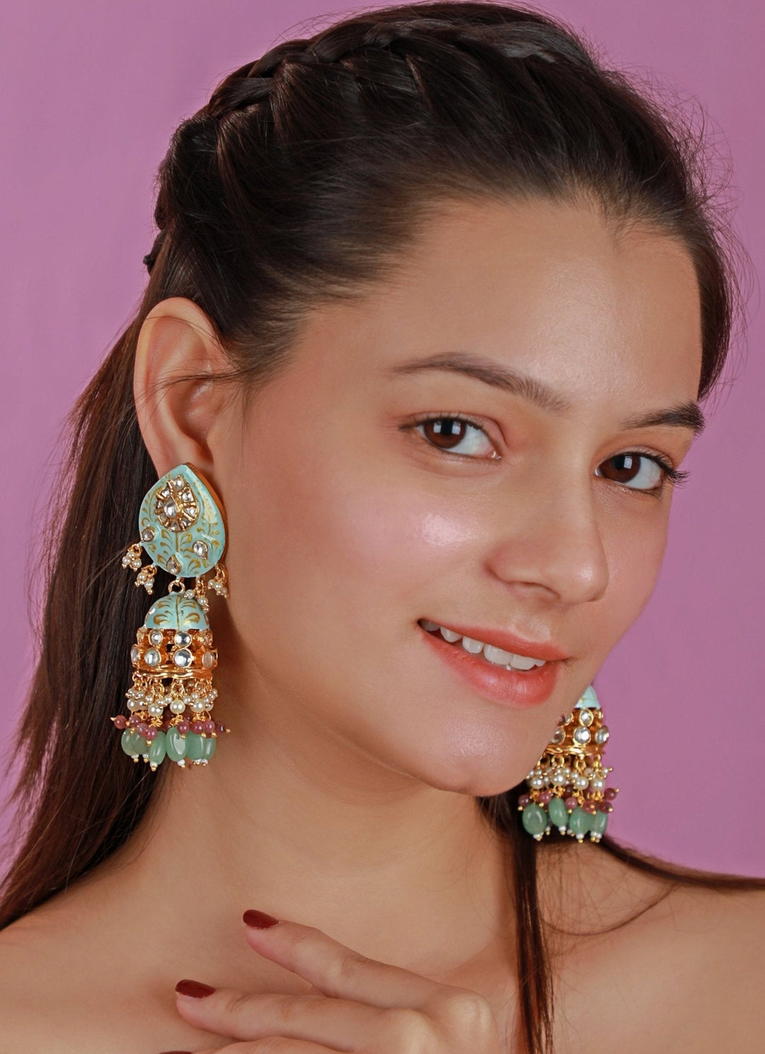 Gold Plated Meenakari Choker Necklace Set With Jhumkas Kalyani Indian Jewelry - Fabilicious Fashion