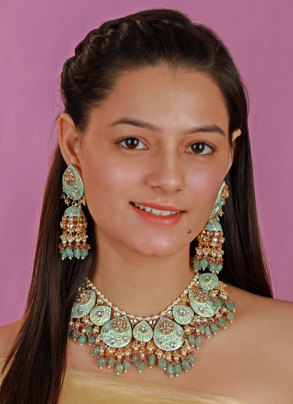 Gold Plated Meenakari Choker Necklace Set With Jhumkas Kalyani Indian Jewelry - Fabilicious Fashion