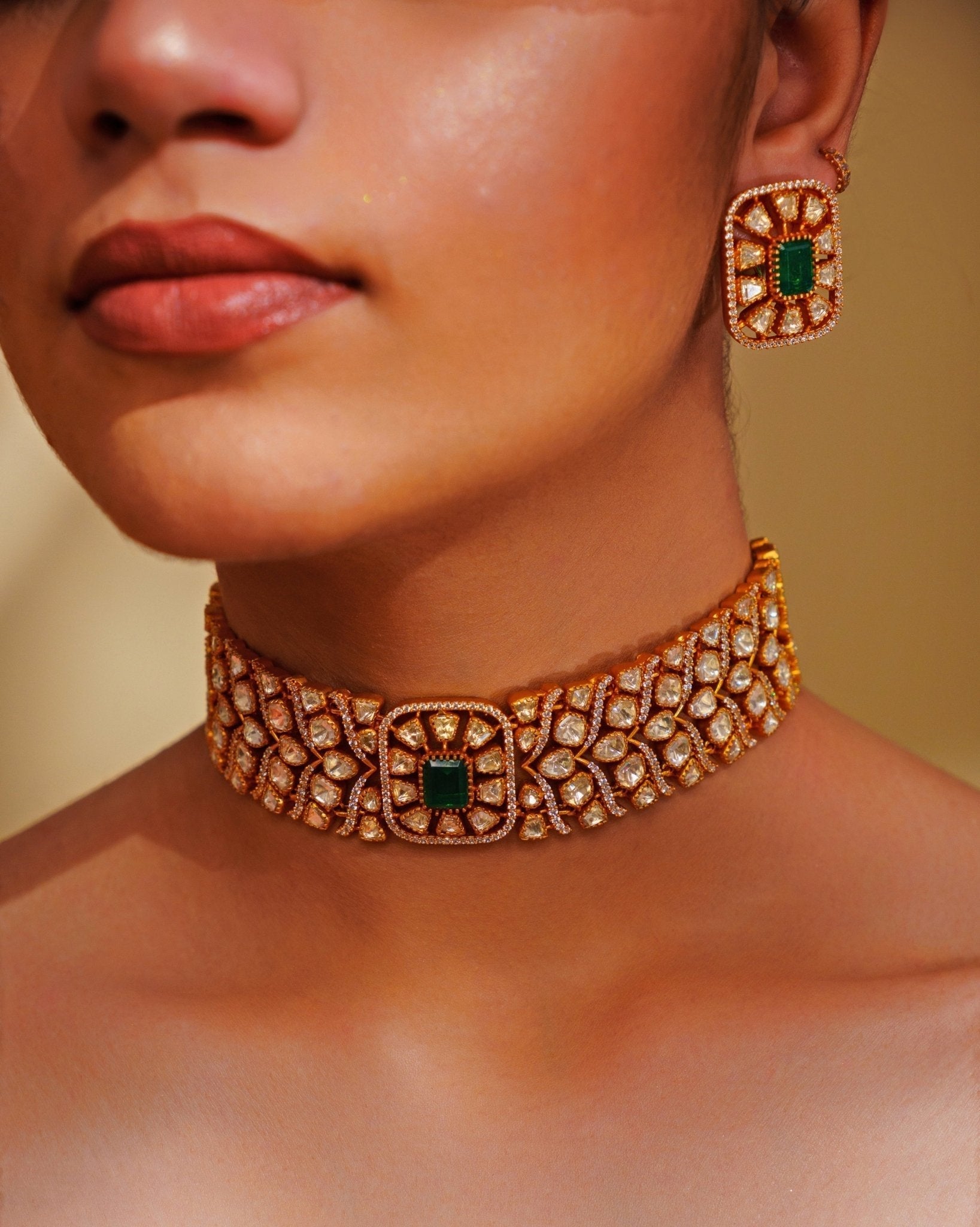 Gold Plated Moissanite And Green Beaded Choker Necklace Set