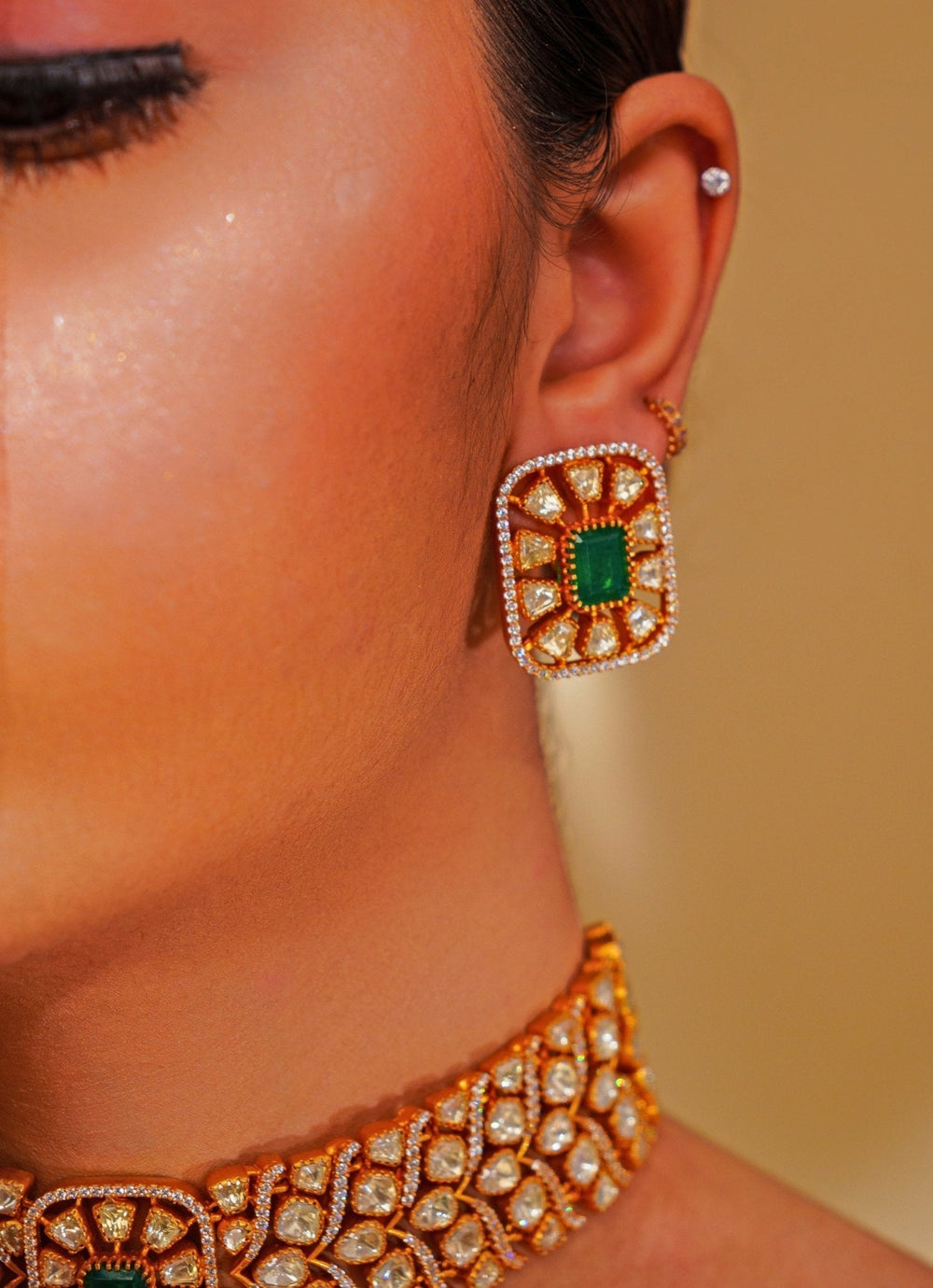 Gold Plated Moissanite And Green Beaded Choker Necklace Set Zevar by Geeta - Fabilicious Fashion