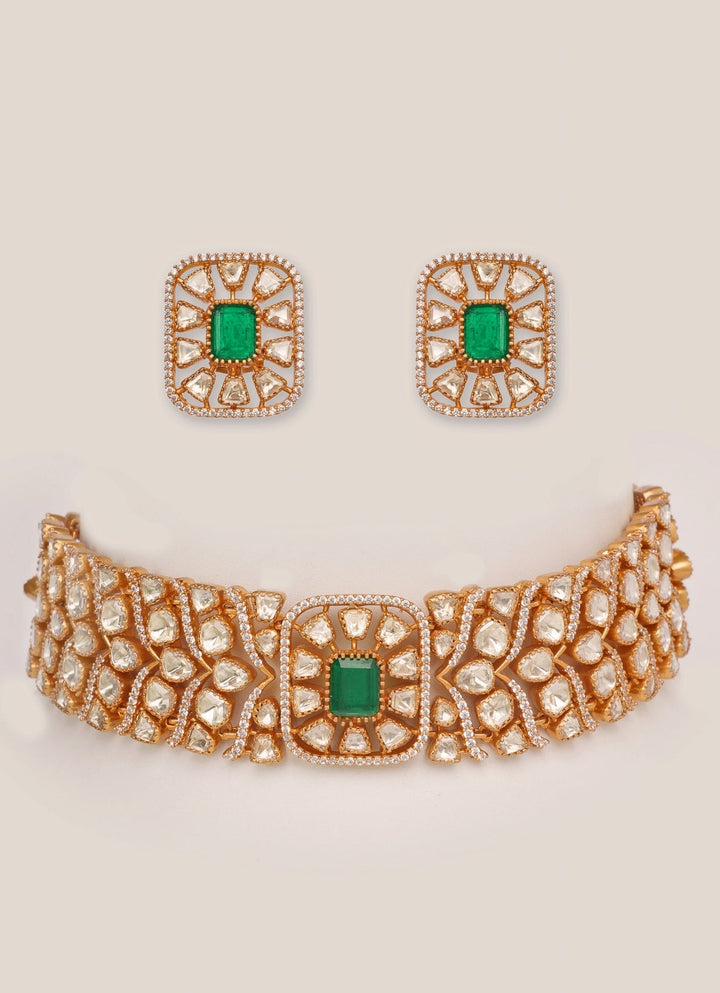 Gold Plated Moissanite And Green Beaded Choker Necklace Set Zevar by Geeta - Fabilicious Fashion