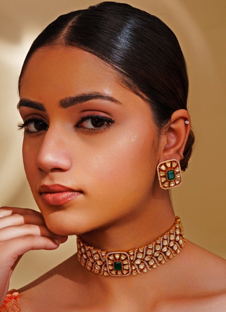 Gold Plated Moissanite And Green Beaded Choker Necklace Set Zevar by Geeta - Fabilicious Fashion