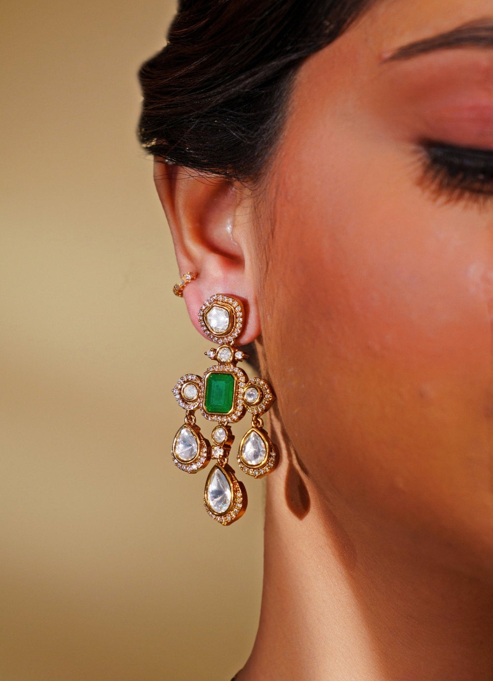 Gold Plated Moissanite And Green Emerald Choker Necklace Set Zevar by Geeta - Fabilicious Fashion