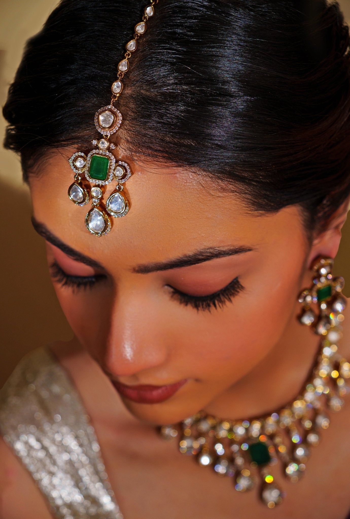 Gold Plated Moissanite And Green Emerald Choker Necklace Set