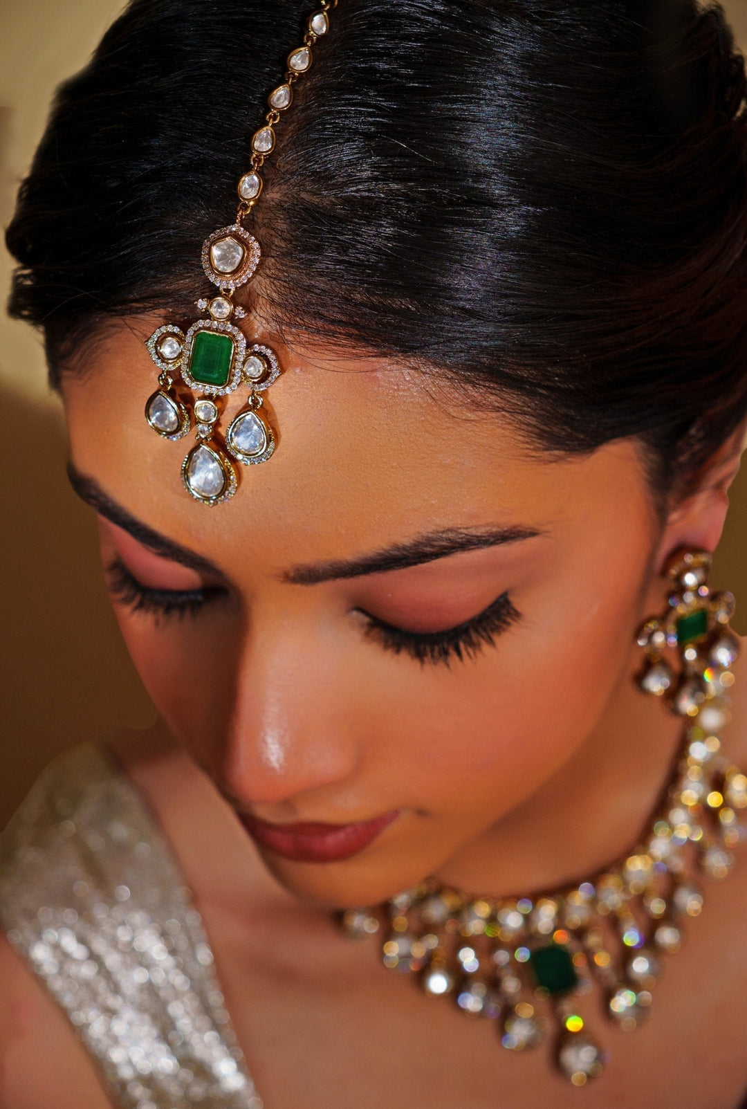 Gold Plated Moissanite And Green Emerald Choker Necklace Set Zevar by Geeta - Fabilicious Fashion