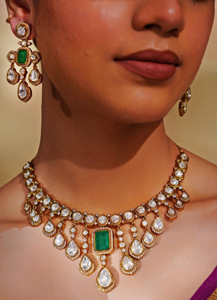 Gold Plated Moissanite And Green Emerald Choker Necklace Set Zevar by Geeta - Fabilicious Fashion