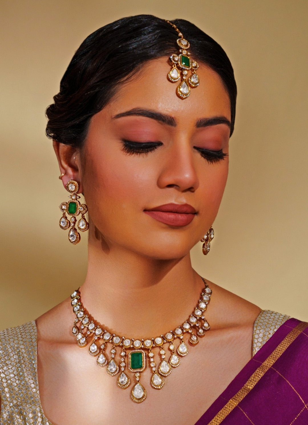 Gold Plated Moissanite And Green Emerald Choker Necklace Set Zevar by Geeta - Fabilicious Fashion
