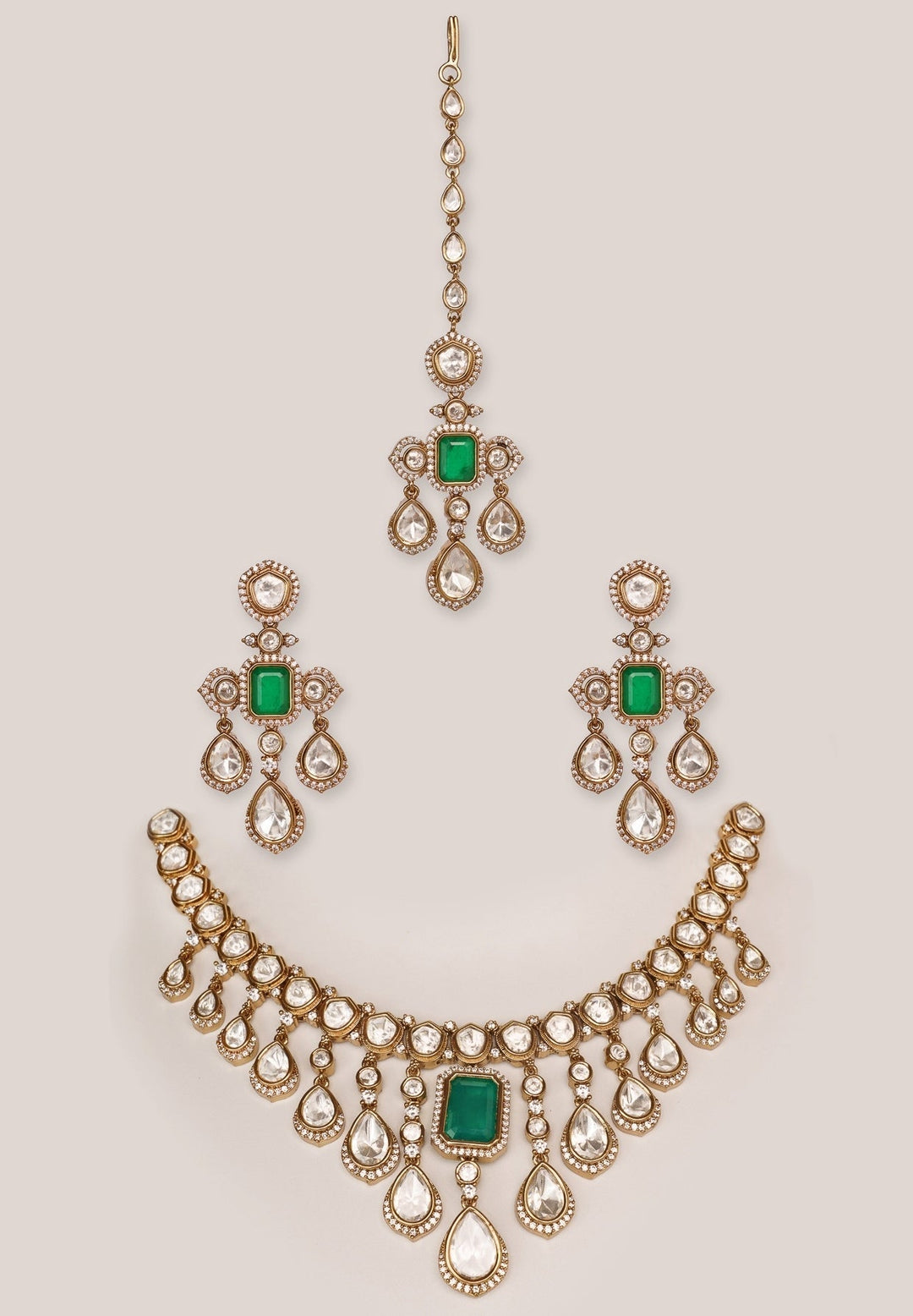 Gold Plated Moissanite And Green Emerald Choker Necklace Set Zevar by Geeta - Fabilicious Fashion