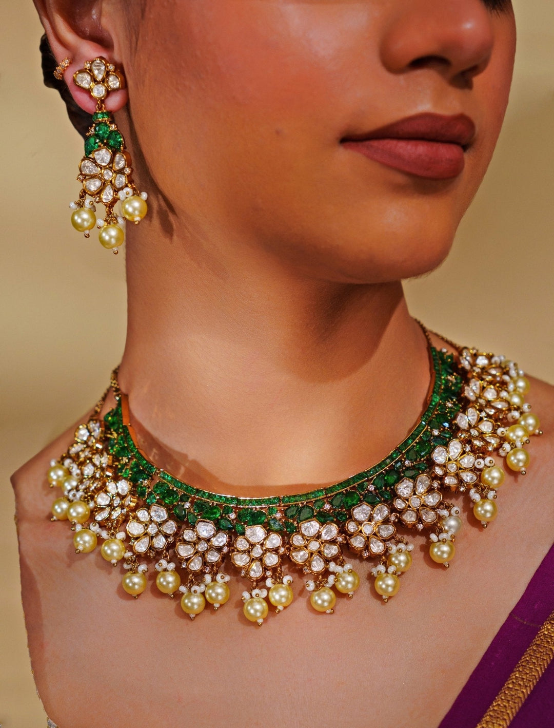 Gold Plated Moissanite And Green Stone Necklace Set Zevar by Geeta - Fabilicious Fashion