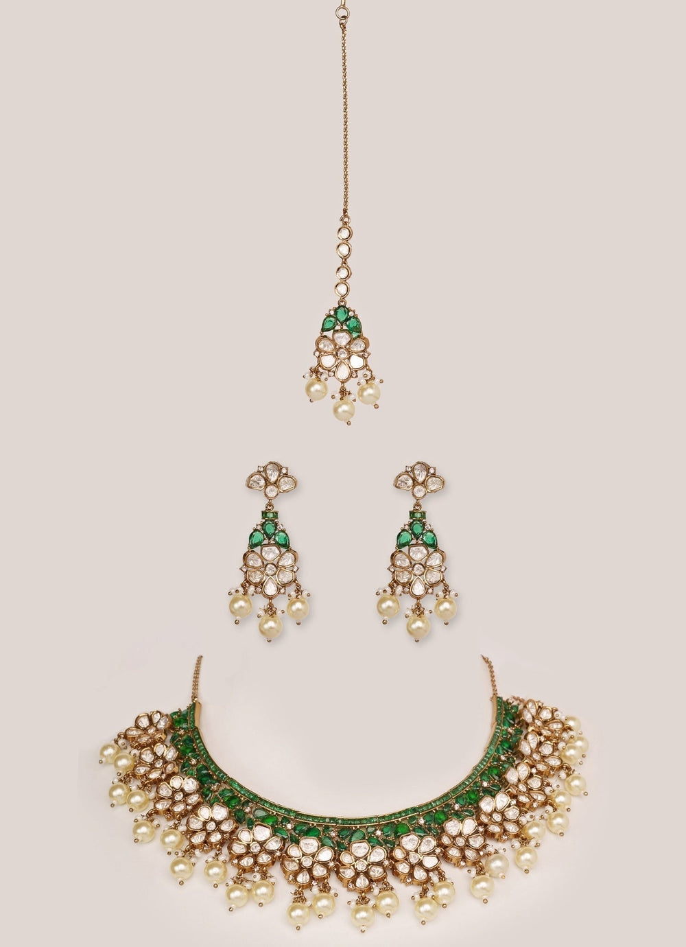 Gold Plated Moissanite And Green Stone Necklace Set Zevar by Geeta - Fabilicious Fashion