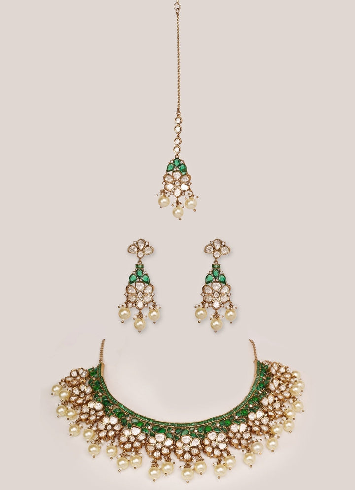 Gold Plated Moissanite And Green Stone Necklace Set Zevar by Geeta - Fabilicious Fashion
