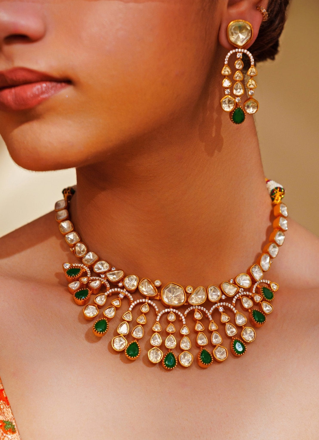 Gold Plated Moissanite And Green Stone Necklace Set Zevar by Geeta - Fabilicious Fashion