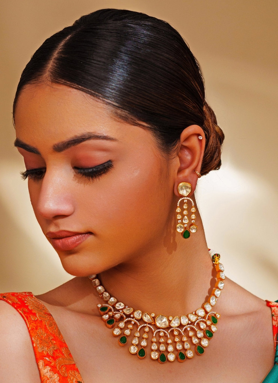 Gold Plated Moissanite And Green Stone Necklace Set Zevar by Geeta - Fabilicious Fashion