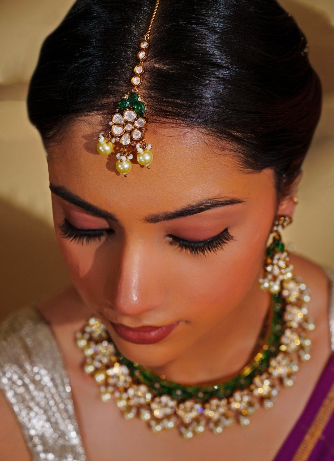 Gold Plated Moissanite And Green Stone Necklace Set Zevar by Geeta - Fabilicious Fashion