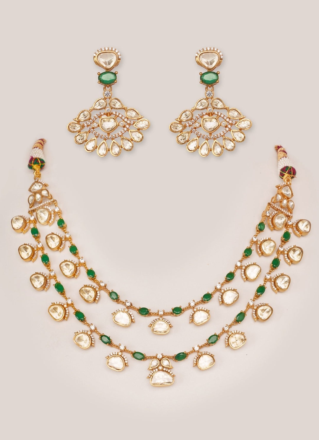 Gold Plated Moissanite And Green Stone Necklace Set Zevar by Geeta - Fabilicious Fashion