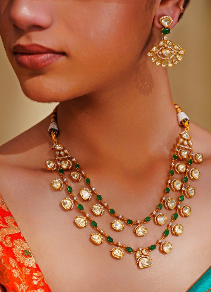 Gold Plated Moissanite And Green Stone Necklace Set Zevar by Geeta - Fabilicious Fashion