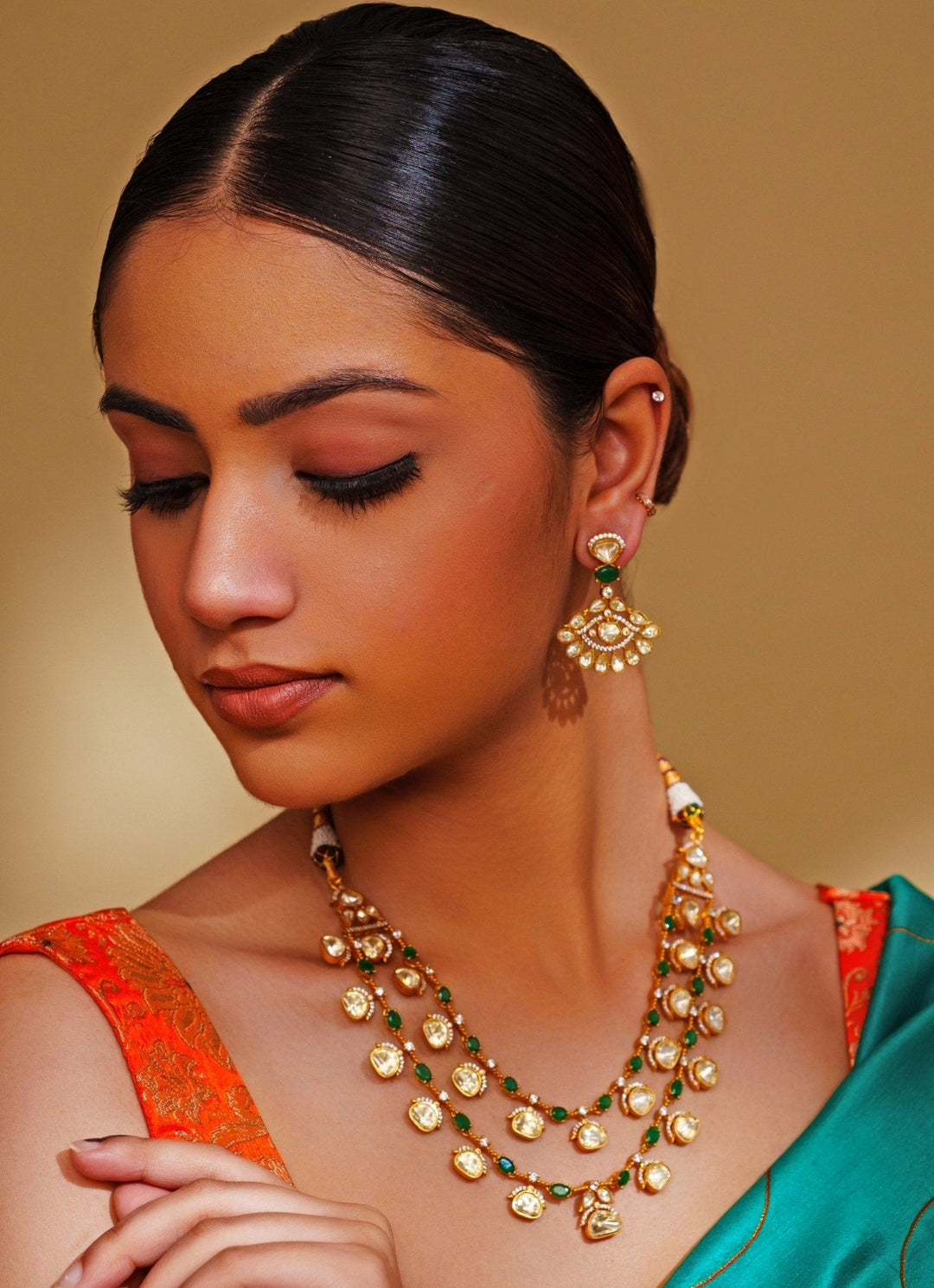 Gold Plated Moissanite And Green Stone Necklace Set Zevar by Geeta - Fabilicious Fashion