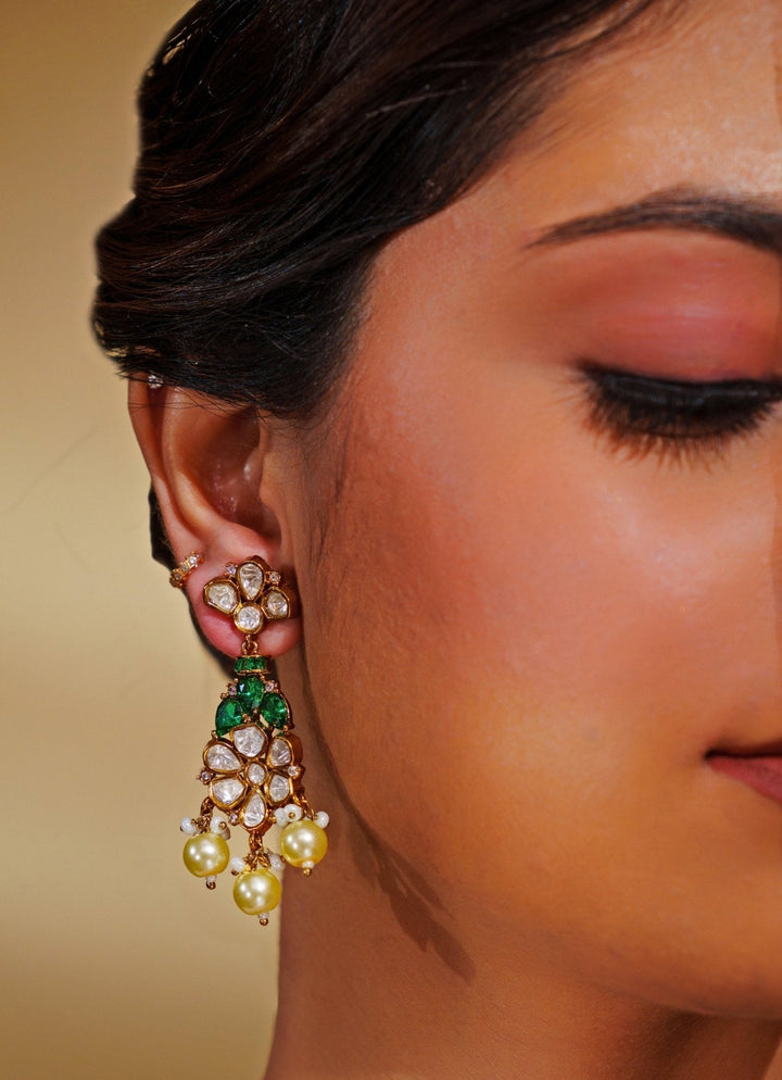 Gold Plated Moissanite And Green Stone Necklace Set Zevar by Geeta - Fabilicious Fashion