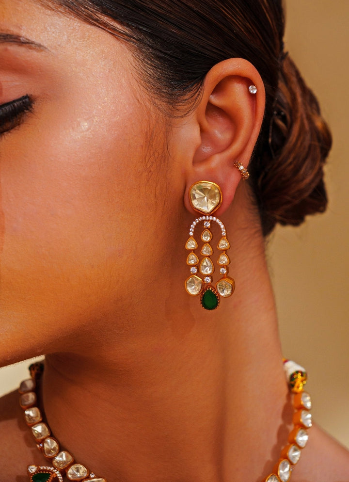 Gold Plated Moissanite And Green Stone Necklace Set Zevar by Geeta - Fabilicious Fashion