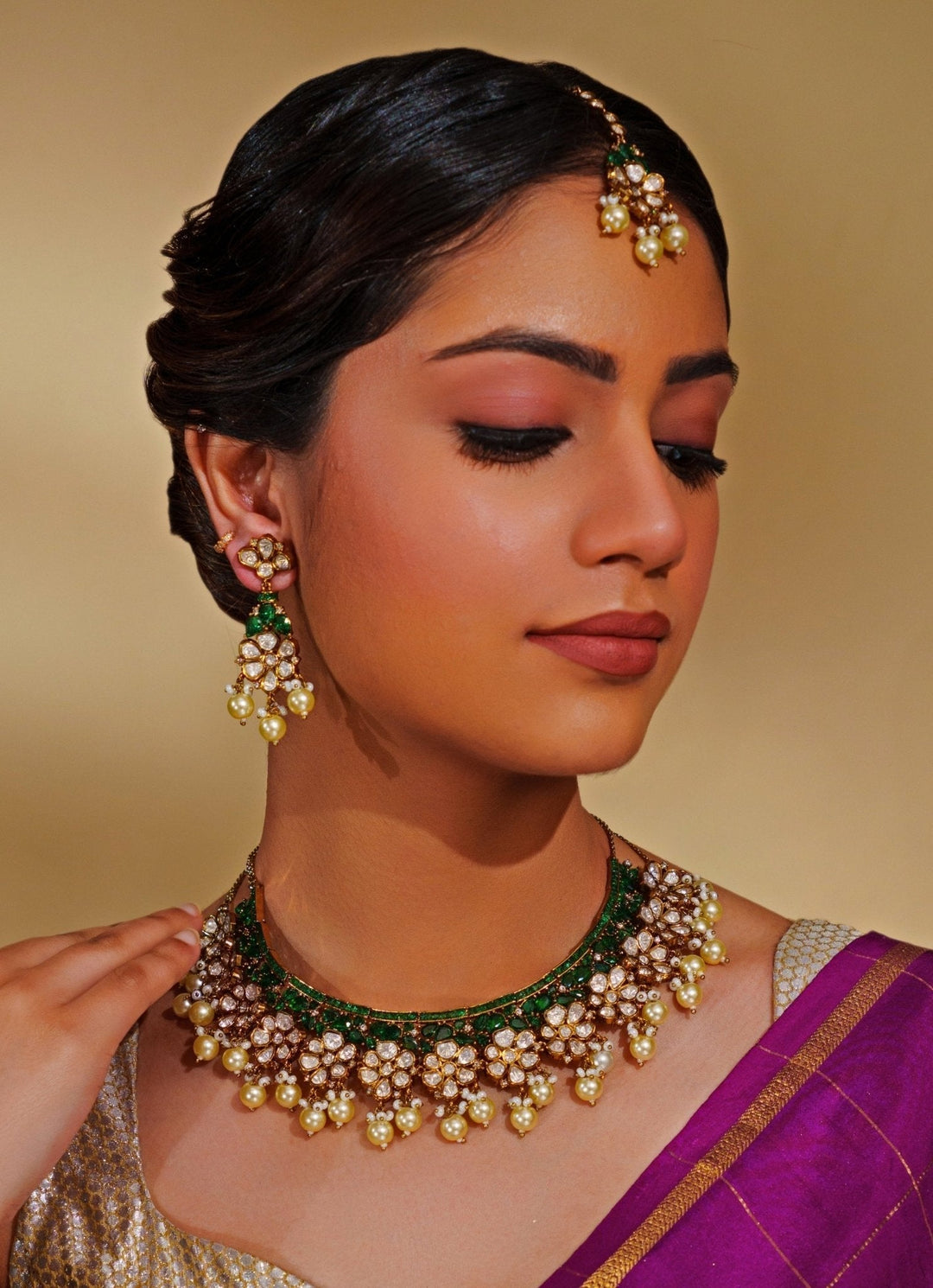 Gold Plated Moissanite And Green Stone Necklace Set Zevar by Geeta - Fabilicious Fashion