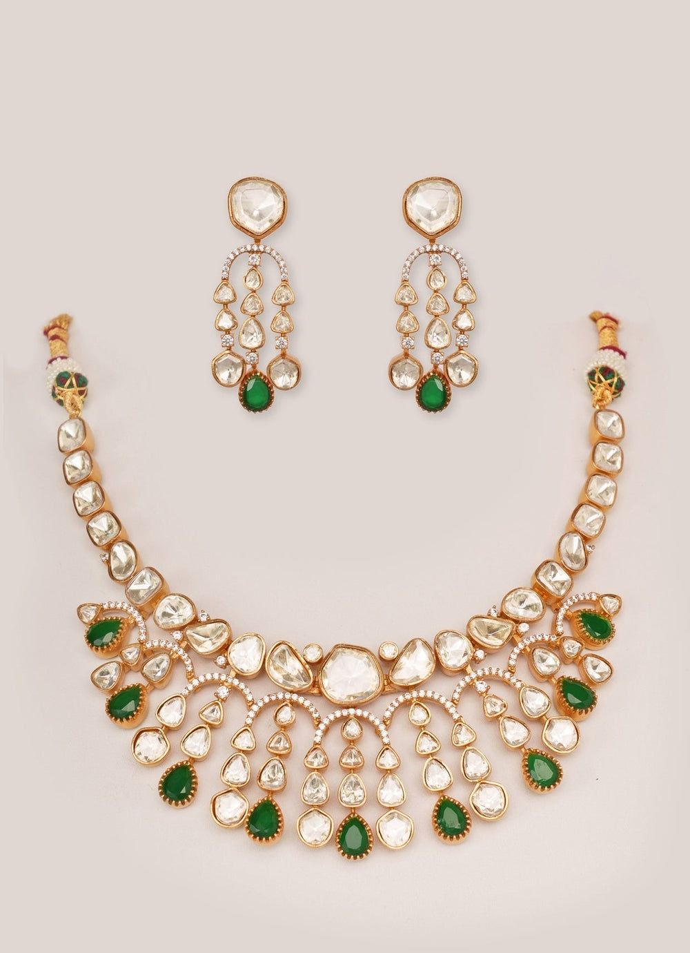 Gold Plated Moissanite And Green Stone Necklace Set Zevar by Geeta - Fabilicious Fashion