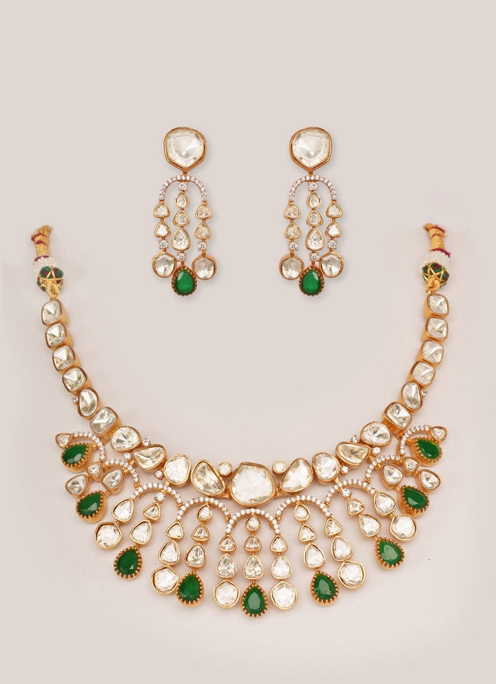 Gold Plated Moissanite And Green Stone Necklace Set Zevar by Geeta - Fabilicious Fashion