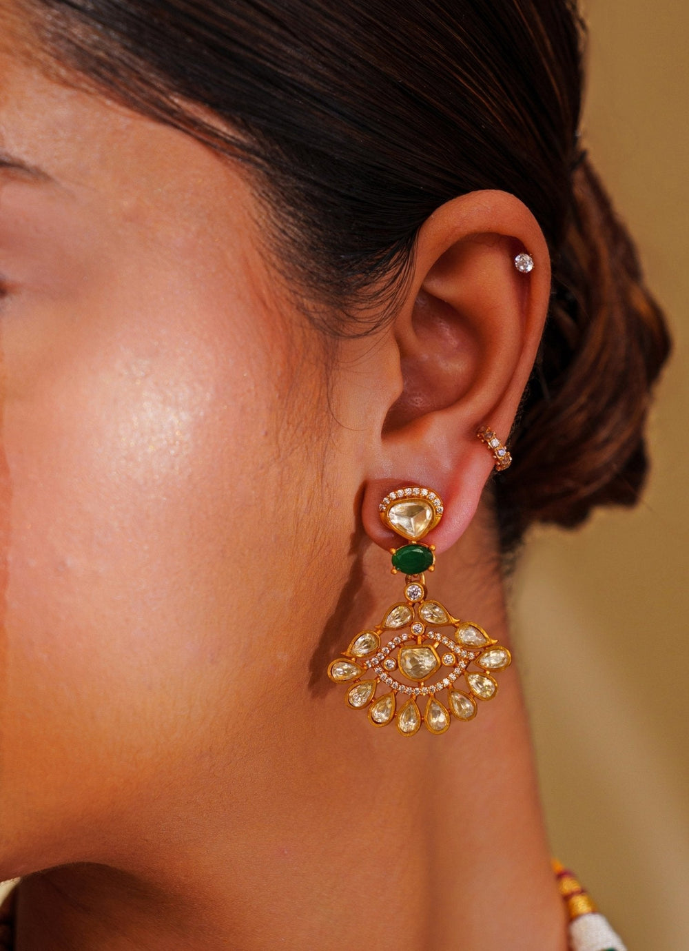 Gold Plated Moissanite And Green Stone Necklace Set Zevar by Geeta - Fabilicious Fashion