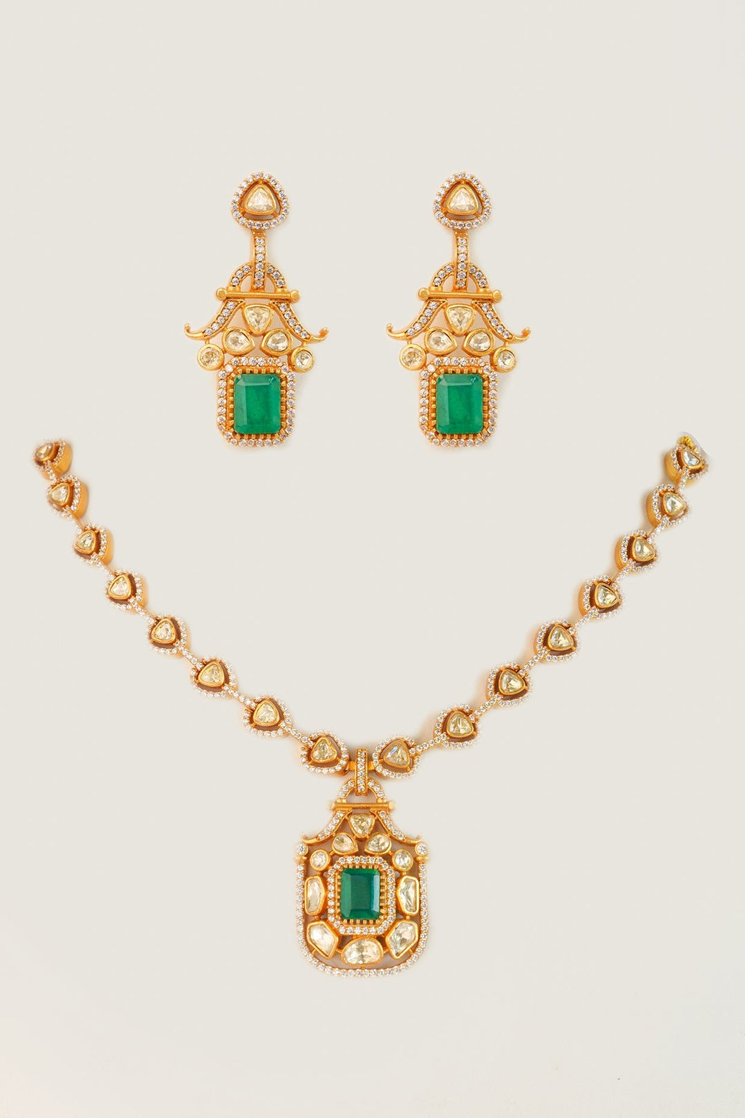 Gold Plated Moissanite And Green Stone Pendant Necklace Set Zevar by Geeta - Fabilicious Fashion
