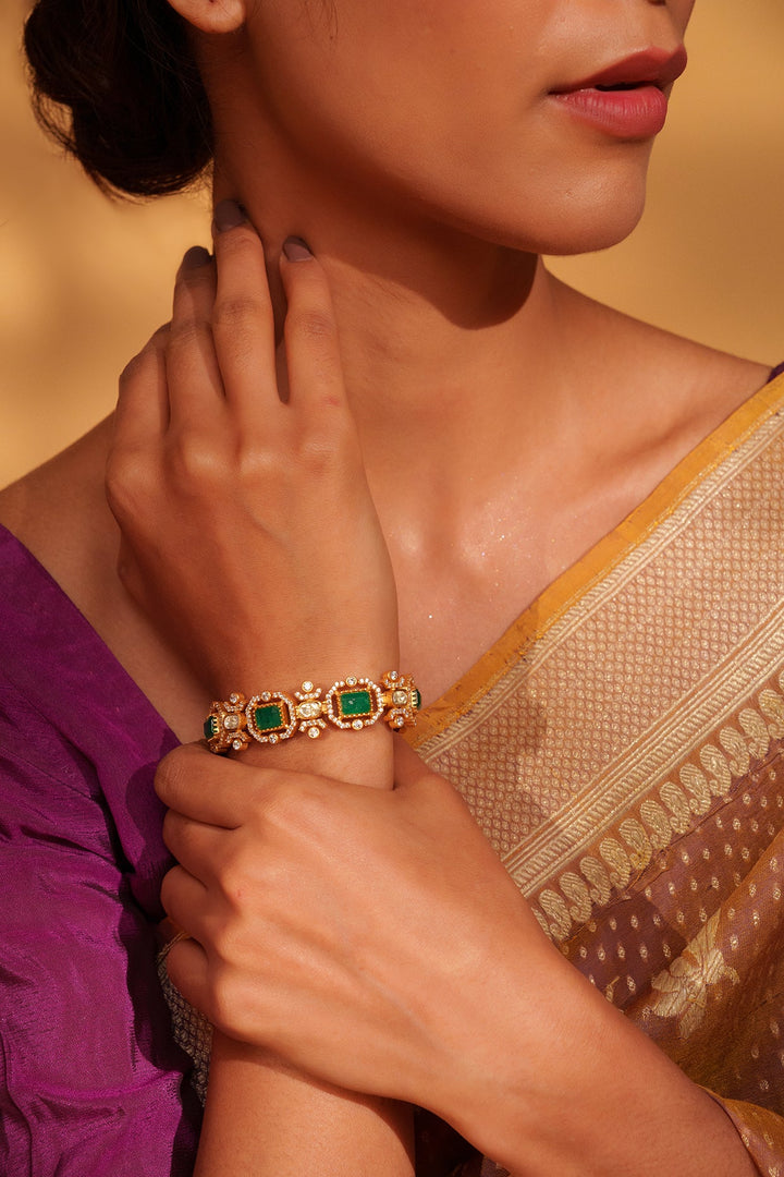 Gold Plated Moissanite And Green Stones Bracelet Zevar by Geeta - Fabilicious Fashion