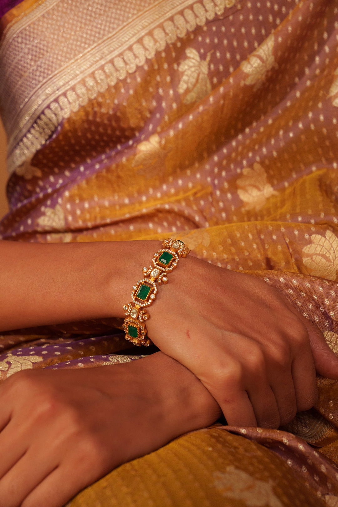 Gold Plated Moissanite And Green Stones Bracelet Zevar by Geeta - Fabilicious Fashion
