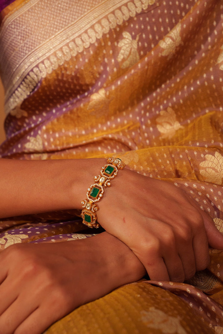 Gold Plated Moissanite And Green Stones Bracelet Zevar by Geeta - Fabilicious Fashion