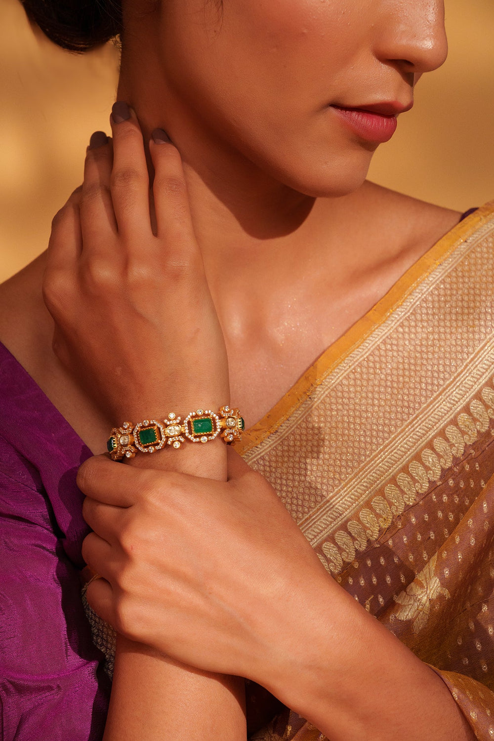 Gold Plated Moissanite And Green Stones Bracelet Zevar by Geeta - Fabilicious Fashion