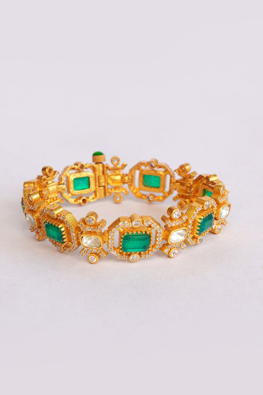 Gold Plated Moissanite And Green Stones Bracelet Zevar by Geeta - Fabilicious Fashion