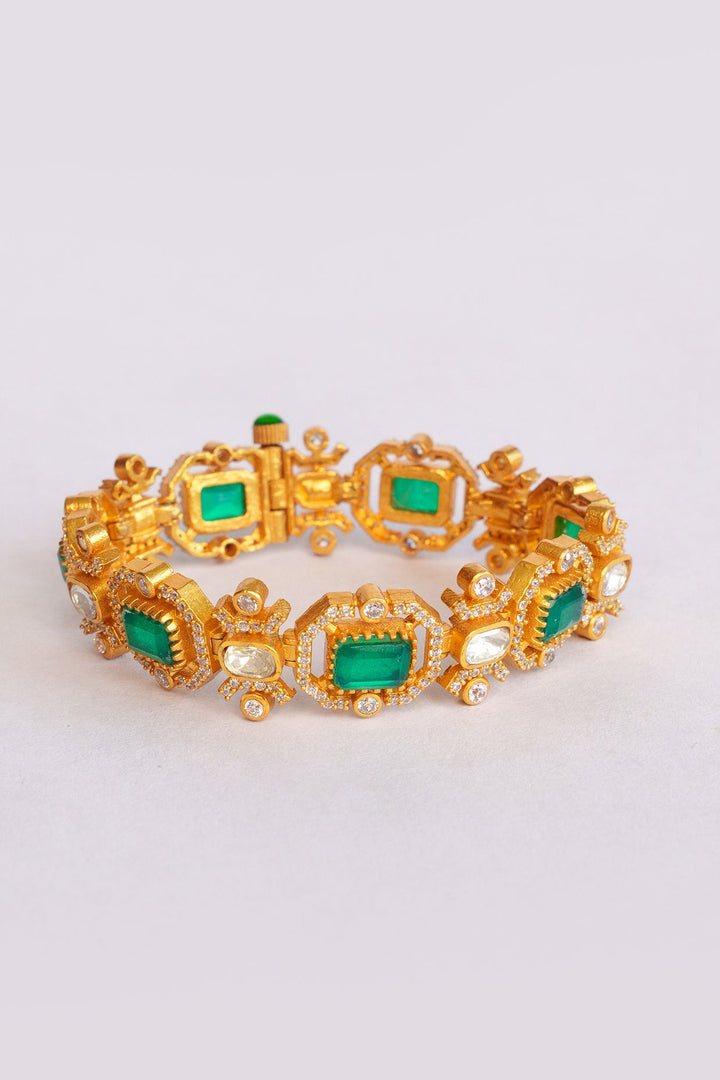 Gold Plated Moissanite And Green Stones Bracelet Zevar by Geeta - Fabilicious Fashion