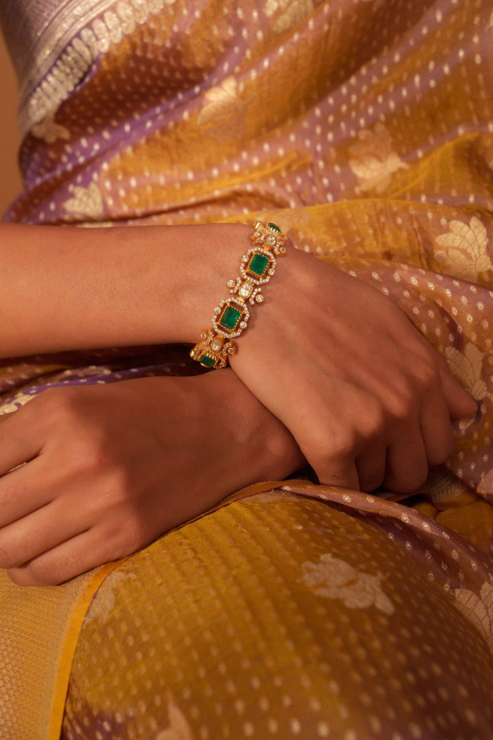 Gold Plated Moissanite And Green Stones Bracelet Zevar by Geeta - Fabilicious Fashion