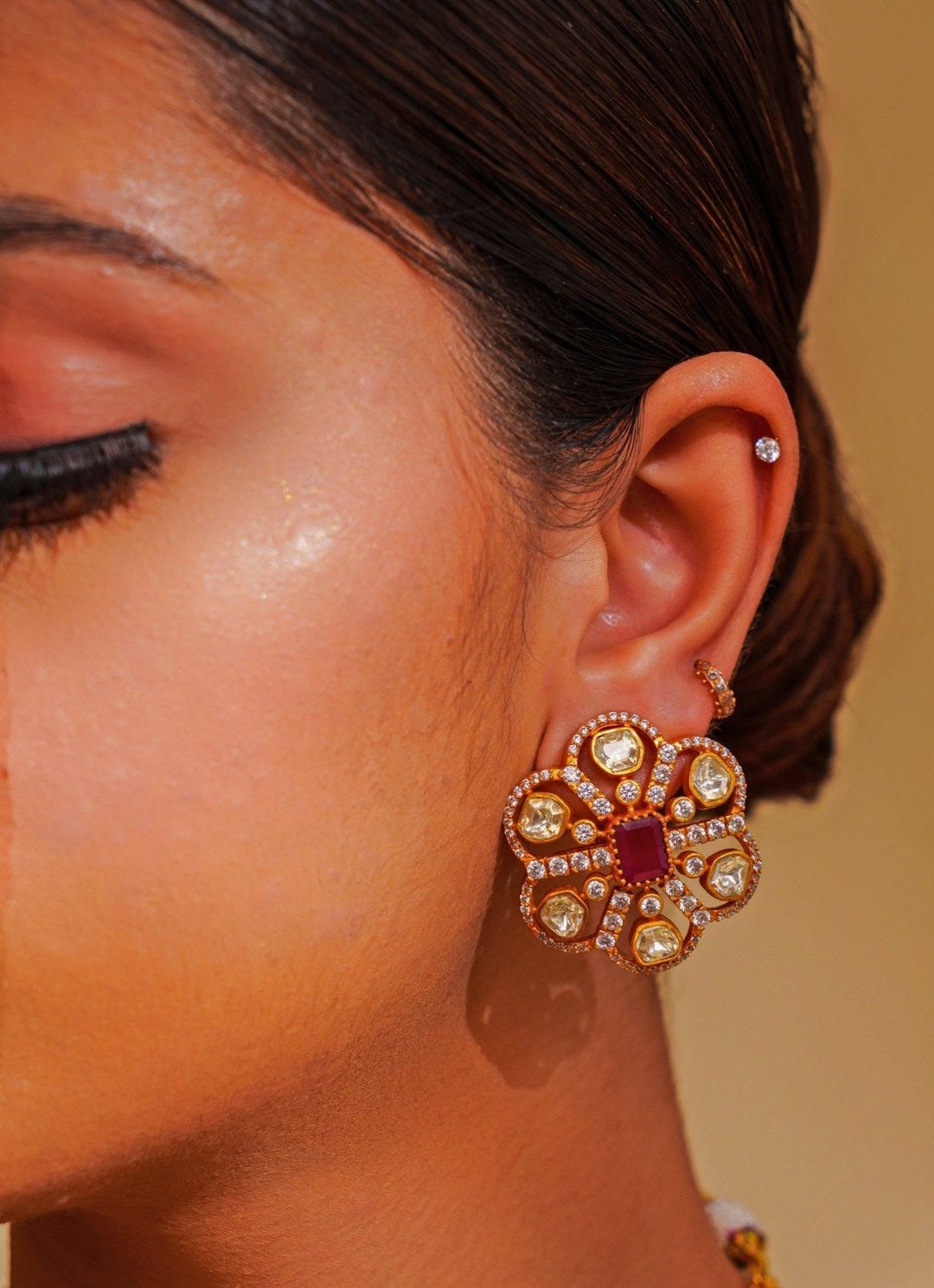 Gold Plated Moissanite And Red Stone Necklace Set Zevar by Geeta - Fabilicious Fashion